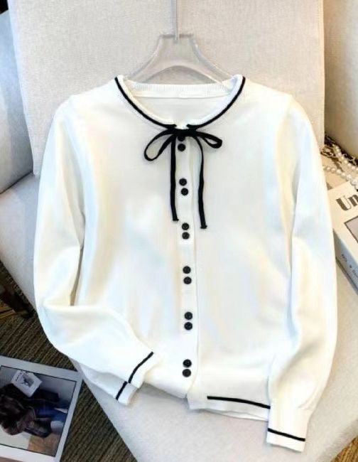 K Fashionable Korean Style Women's Knit Cardigan With Tie; New Style, Collarless, Long Sleeve Top With A Schoolgirl_voghion.com