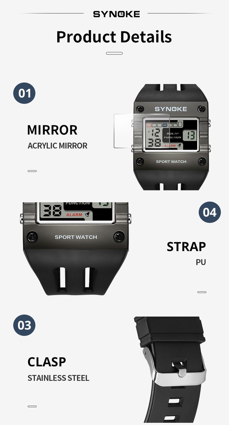 Orologio sportivo digitale alla moda in lega quadrata per uomo - Schermo grande, impermeabile, sveglia, cronometro, multifunzione (taglie 7-11) Schermo grande impermeabile_voghion.com