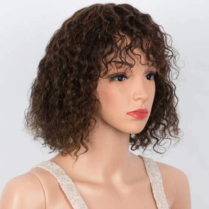 Sleek Curly Human Hair Wigs For Women Jerry Curly Short Pixie Cut Bob Brazilian Human Hair Wigs With Bangs P1B/30 Highlight Wig_voghion.com