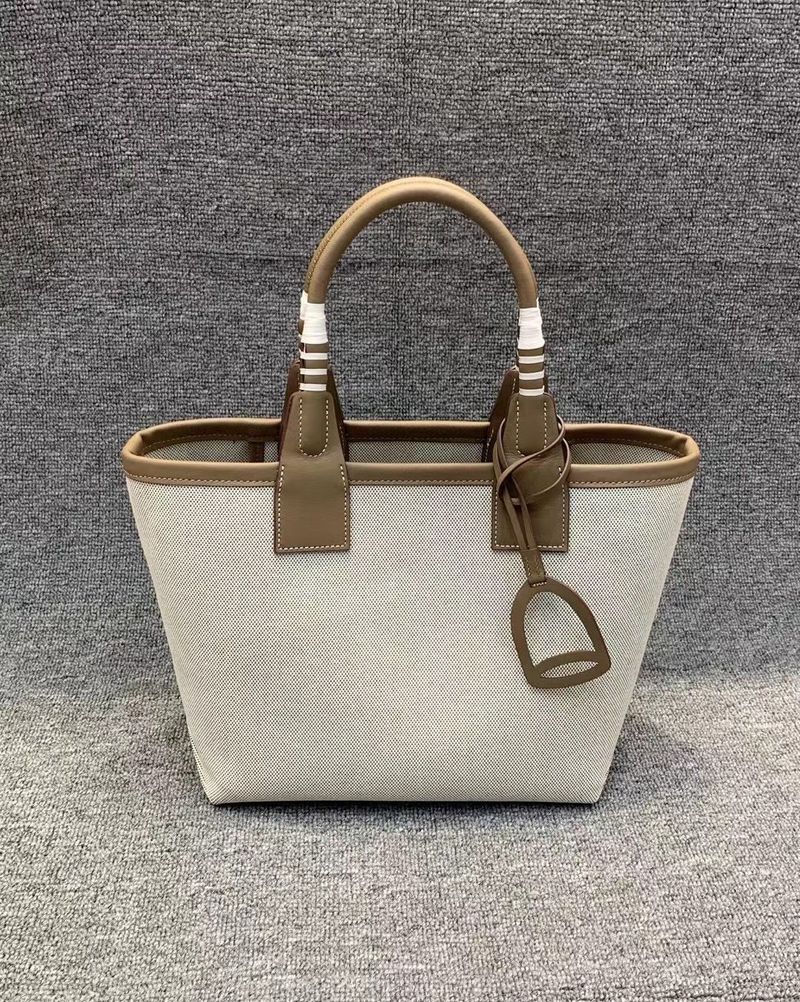 2025 New Women's Colorful Tote Genuine Leather With Canvas Basket Bag Large Capacity Garden Handbag_voghion.com