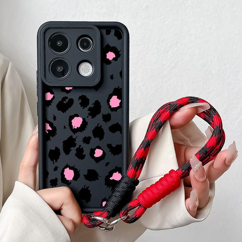 Custodia per telefono con stampa leopardata per Xiaomi Poco X7 Pro Redmi Note 14 Pro con cordino da polso e cinturino in morbido silicone_voghion.com