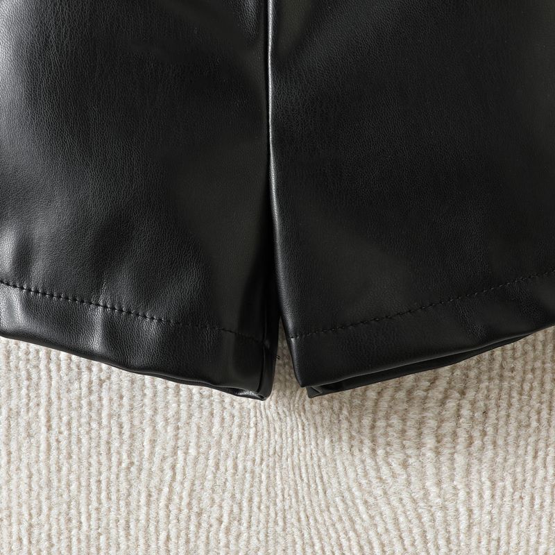 Summer Girls' Standing Neck Pit Striped Sleeveless Top PU Leather Shorts Set_voghion.com