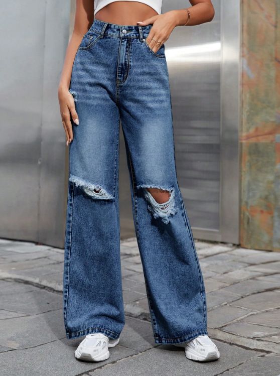 Grænseoverskridende dametøj europæisk og amerikansk INS mode hul højtaljede brede benbukser afslappet denim lang_voghion.com