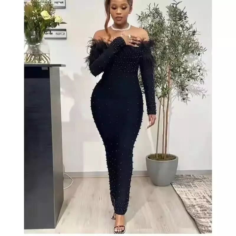 Einteiliges Kleid für Damen, elegantes, einteiliges Kleid mit Blasenperlen und Federperlen_voghion.com