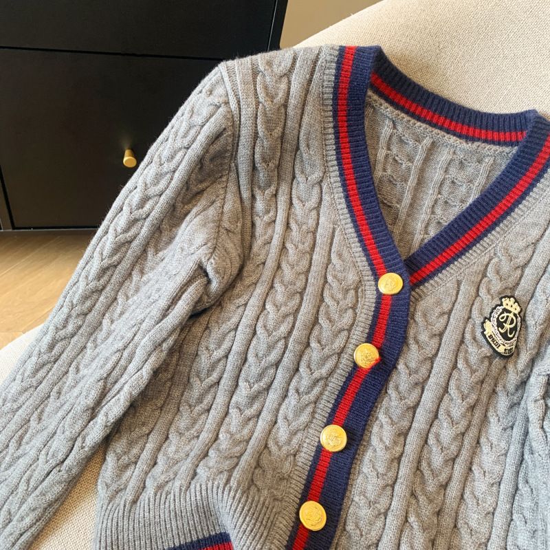 Cardigan in maglia color block con scollo a V di ispirazione vintage – Cappotto lungo in maglia a trecce per donna_voghion.com