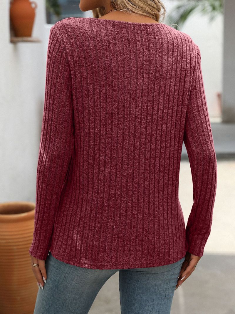 Maglietta casual da donna con scollo a V e bottoni - Maglia a maniche lunghe a coste dalla vestibilità ampia per autunno inverno (nero grigio, rosso vino, verde militare)_voghion.com