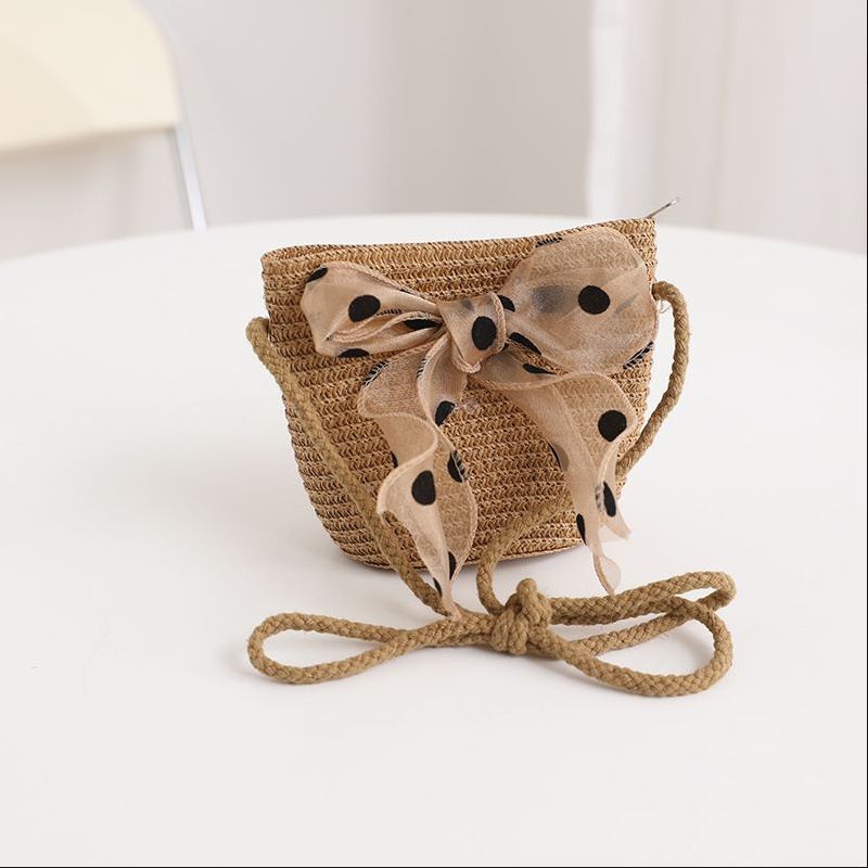 Nuovo set di cappelli e borse parasole con fiocco coreano a pois e onde di paglia per bambini, dolce e carino_voghion.com