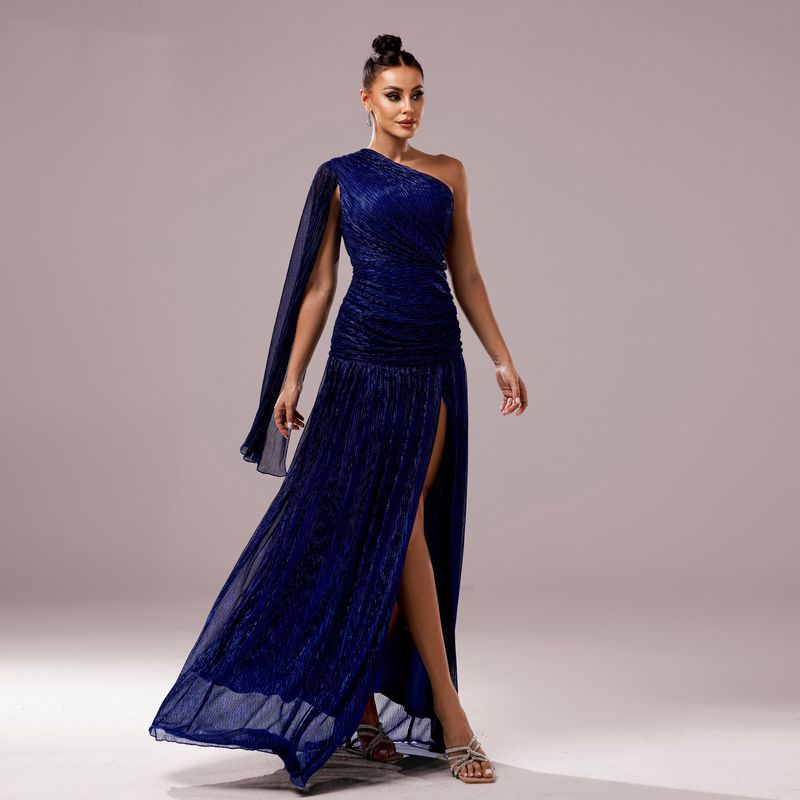Verve Damen Neues High-End-Abendkleid mit One-Shoulder-Träger, asymmetrischem Ausschnitt, langen Ärmeln, schmaler Passform und Schlitz_voghion.com
