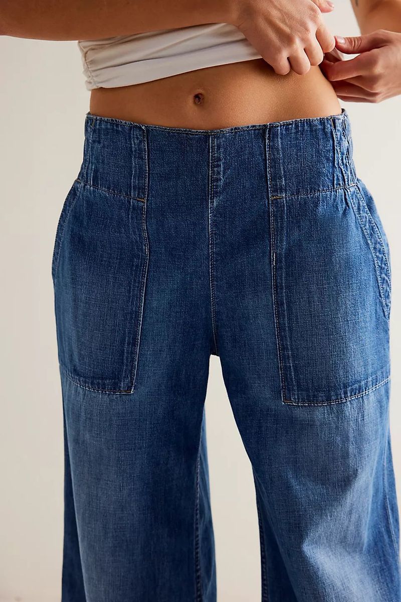 Pantaloni in denim larghi a vita bassa alla moda per donna - Comodi pantaloni elastici in vita, gamba dritta, stile streetwear_voghion.com