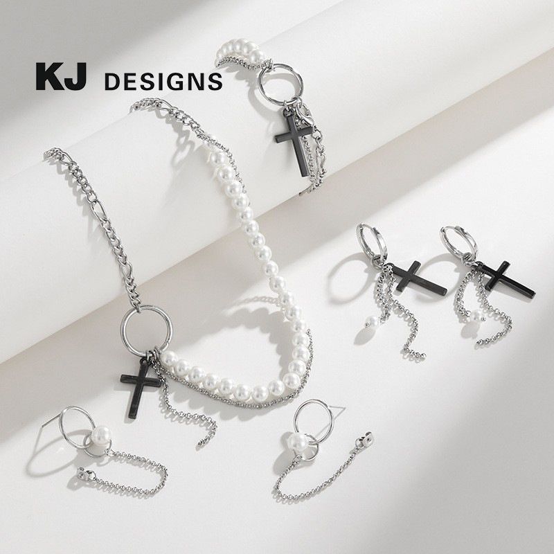 Kenjie Autumn Winter New Cross Pendant Layered Necklace Ins Style Fashion Chain Pearl Earring Set_voghion.com