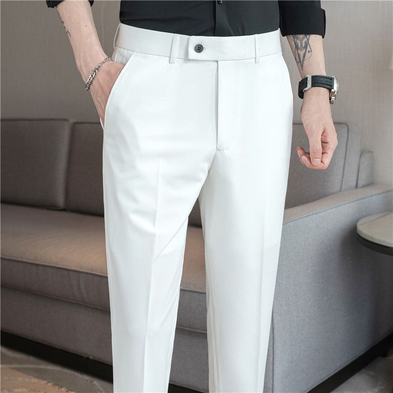 Summer new men's casual trousers, thin comfortable small straight nine-point trousers, elastic and drape on all sides, white trousers_voghion.com