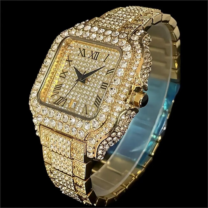MissFox - Men's Luxury Quartz Watch, Date Present, Hip Hop, Ice Diamond, Shiny, Square, Direct Shipping_voghion.com