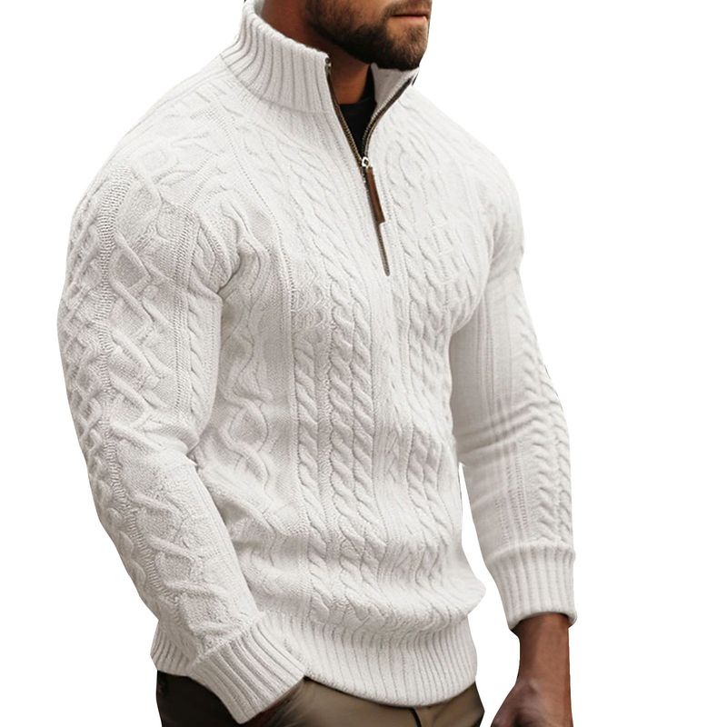 Men’s Half-Zip Cable Knit Sweater – Thickened Acrylic, Solid Colors (White/Black/Bluish/Brown/Greens, S-XXXL)_voghion.com