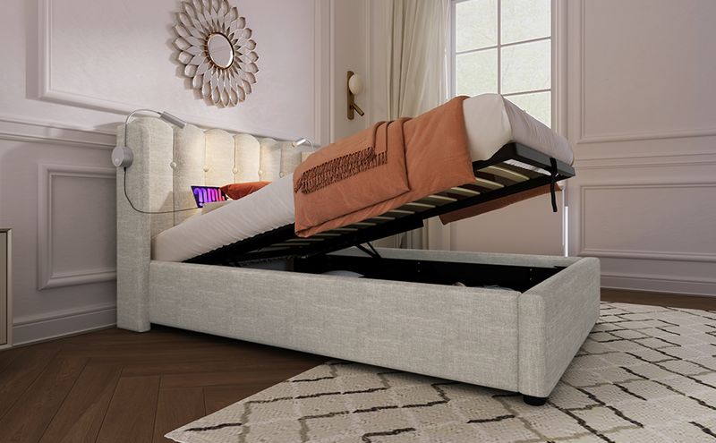 Cadre de lit simple rembourré avec liseuse, fonction de charge, rangement pour la tête de lit, lit enfant en lin 90 x 200 cm avec sommier à lattes (matelas non inclus, coloris naturel)_voghion.com