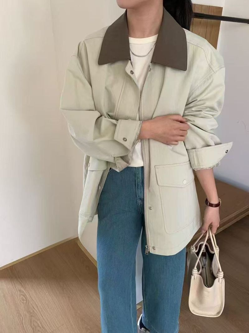 Trench coat da donna in stile coreano, versatile, di media lunghezza, con tasche grandi, color block, con colletto rovesciato, autunno 2025_voghion.com