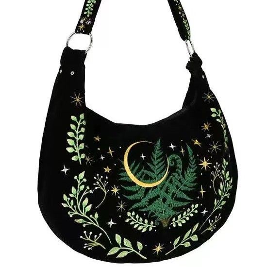Borsa a tracolla grande in velluto con ricamo di piante di strega in stile gotico scuro, da ascella, con tracolla_voghion.com