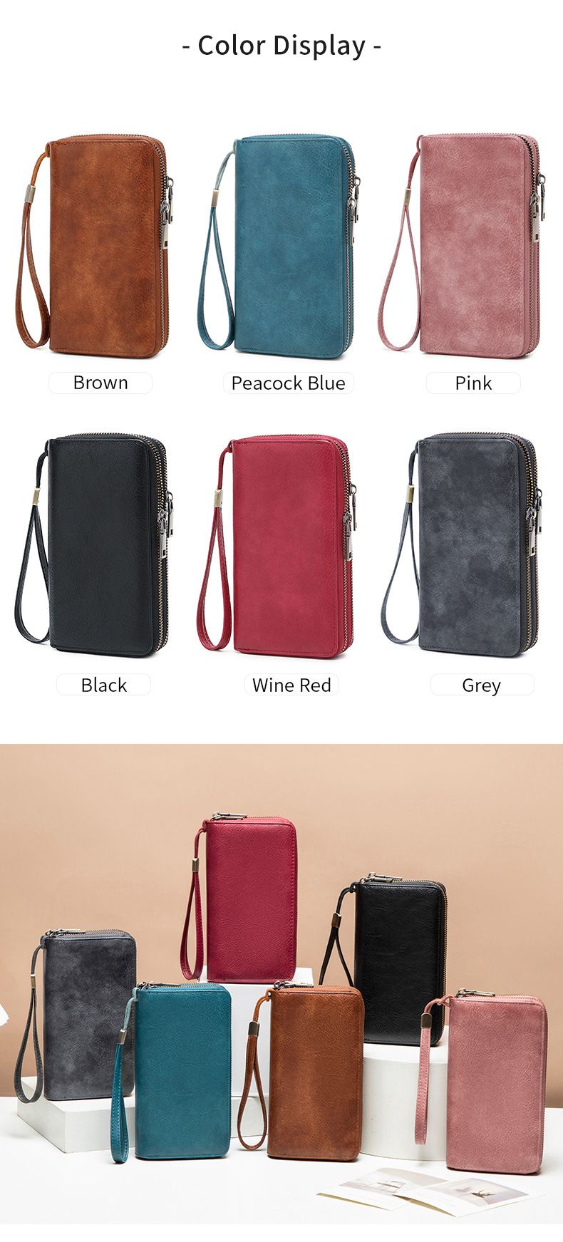 Herren-Geldbörse mit RFID-Schutz, Business-Geldbörse für Herren, modische Geldbörse mit Doppelreißverschluss, lange Geldbörse im Retro-Stil, große Kapazität, Damen-Clutch._voghion.com