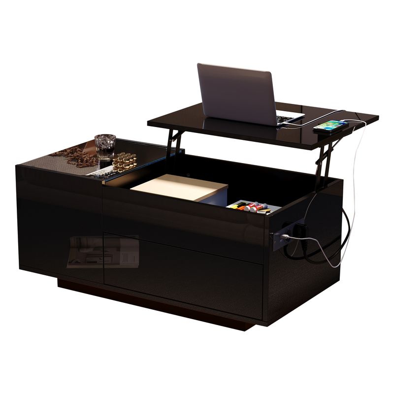 Table basse réglable en hauteur 95 x 48 x 42 cm avec rangement dissimulé, éclairage LED, tiroir et prise de courant - Table d'appoint de salon noire_voghion.com