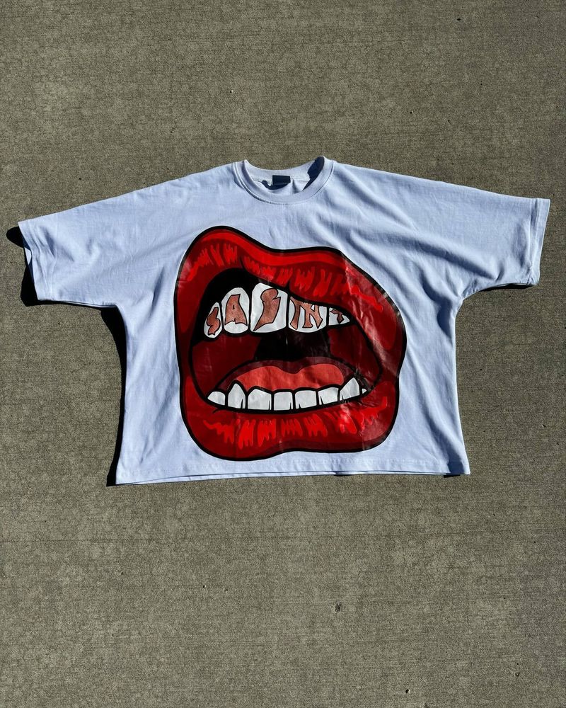 Men's Clothing Hip Hop Big Mouth Pattern Print Oversized Retro Classic Short Sleeved Top_voghion.com