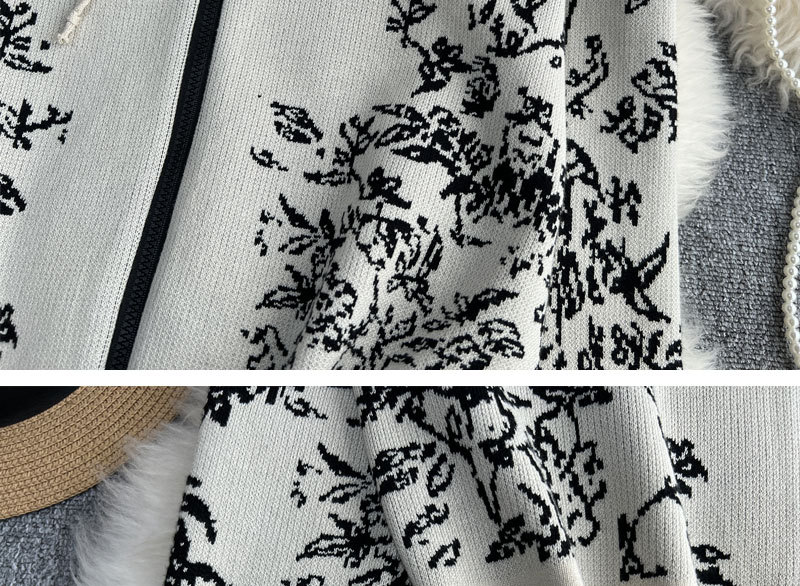 Sweat-shirt tricoté à capuche et fermeture éclair en jacquard pour femmes, ensemble deux pièces, taille haute, pantalon à jambes larges_voghion.com
