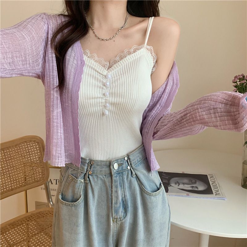 Cardigan estivo sottile in maglia con scollo a V, corto, da donna, con aria condizionata, scialle e gonna, giacca con protezione solare in seta ghiacciata_voghion.com
