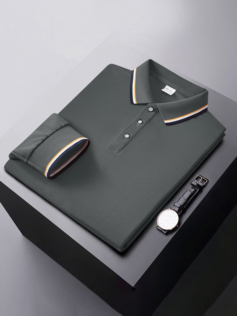 Men's Breathable Jacquard Polo Shirt - Loose Fit Long Sleeve Casual Top For Golf & Everyday Wear_voghion.com