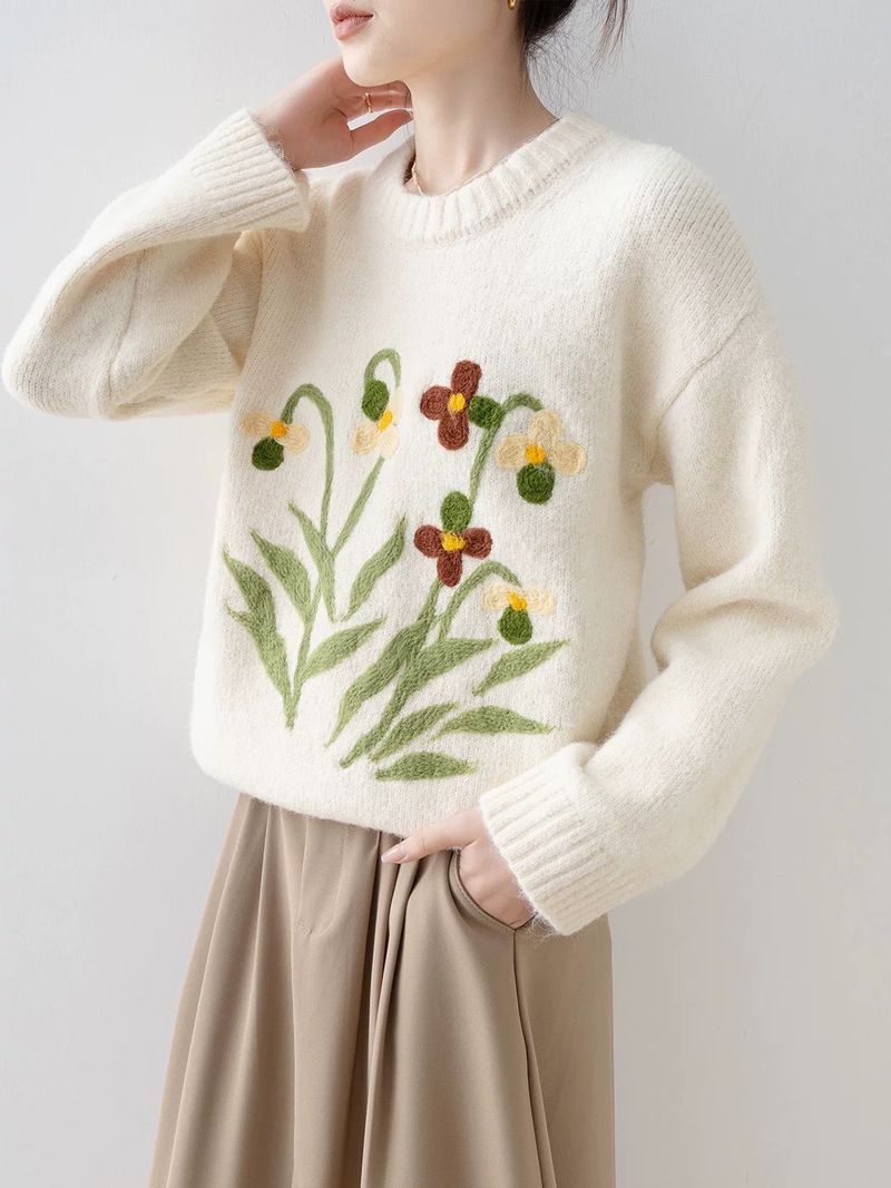 Damen-Strickpullover mit Blumenmuster und Jacquardmuster – Übergroßer, dicker, kurzer Pullover mit geripptem Saum, gemütliches Lagenstück für den Herbst (Einheitsgröße, Creme/Burgunderrot/Marineblau)_voghion.com