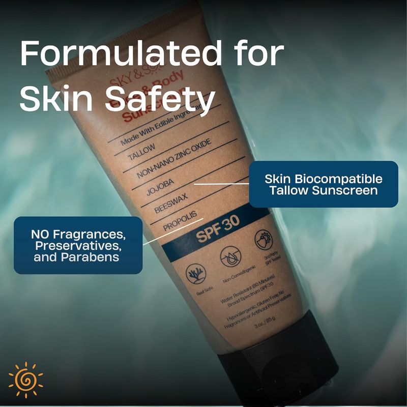 New Sky And Sol Natural Mineral Sunscreen SPF 30 Naturalny łój i tlenek cynku, bezpieczny dla raf, wodoodporny, nietłusta formuła do twarzy i ciała_voghion.com