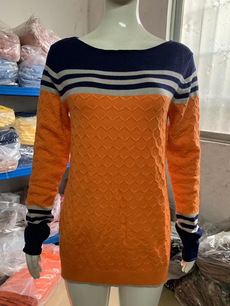 Cross-border autumn and winter new women's crocheted elegant commuter top European and American long-sleeved knitted striped color matching round neck_voghion.com