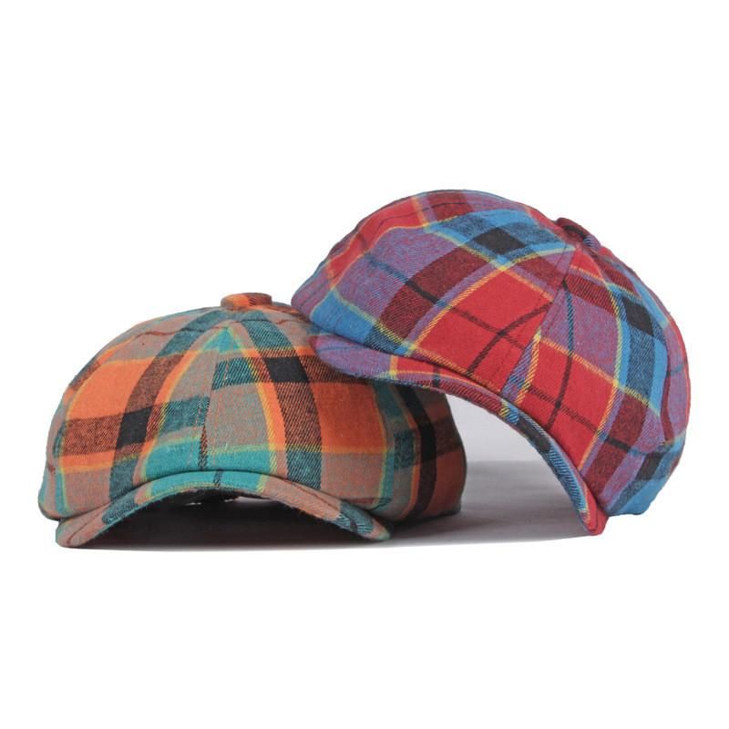 Baumwolle Frühling Sommer Patchwork Plaid Newsboy Caps Flache Schirmmütze Männer und Frauen Maler Baskenmütze Hüte 121_voghion.com