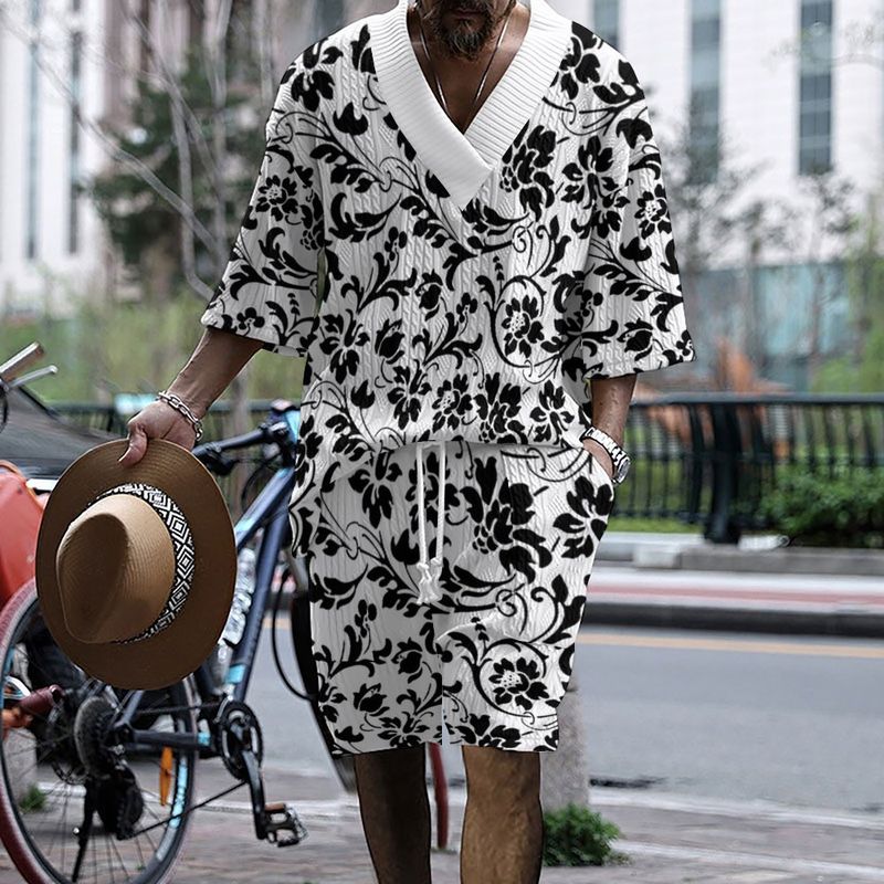Fashion Tech Hawaiian Print Oversize Drop Shoulder Men's Knitted Short Sleeve Shorts Set_voghion.com