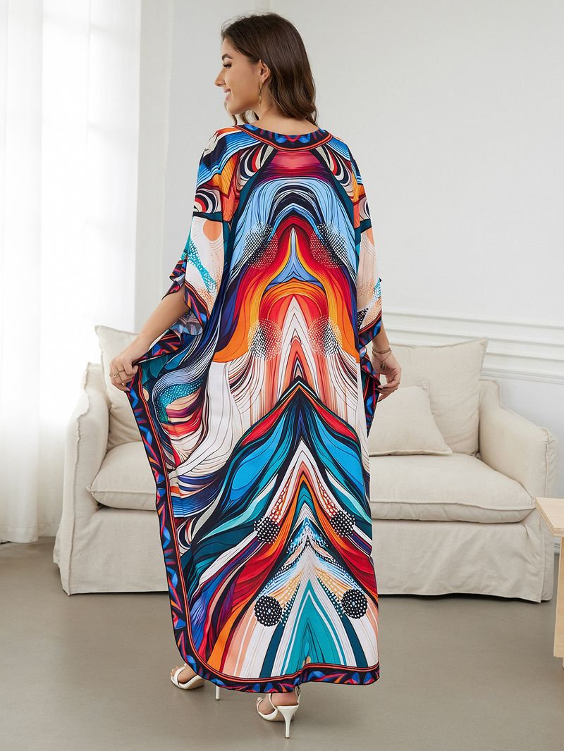 Sukienka maxi z nadrukiem w stylu boho, damska, narzutka z wiskozy – zwiewna tunika plażowa z etnicznymi wzorami, luźny krój w dużych rozmiarach, narzutka na bikini, strój na wakacje_voghion.com