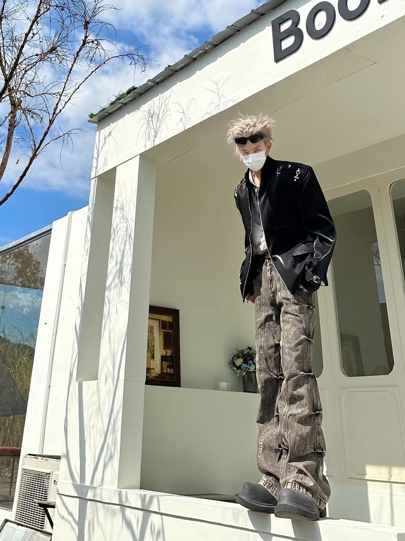 Men's Clothing Retro Old Wasteland Style Vintage Washed Distressed High Street Jeans For Men - Retro Wide Leg Trousers With Wrinkled Texture_voghion.com