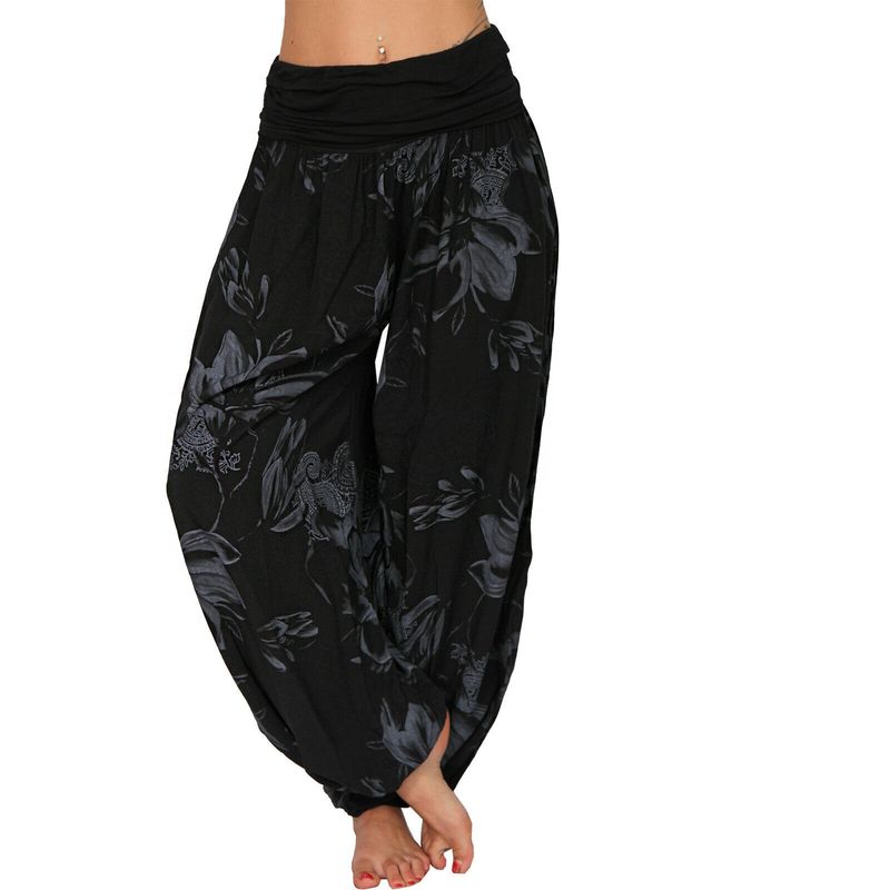 Plus Size Boho Pants, Women's Plus Floral Print Ruched Low Waist Loose Comfy Harem Pants_voghion.com