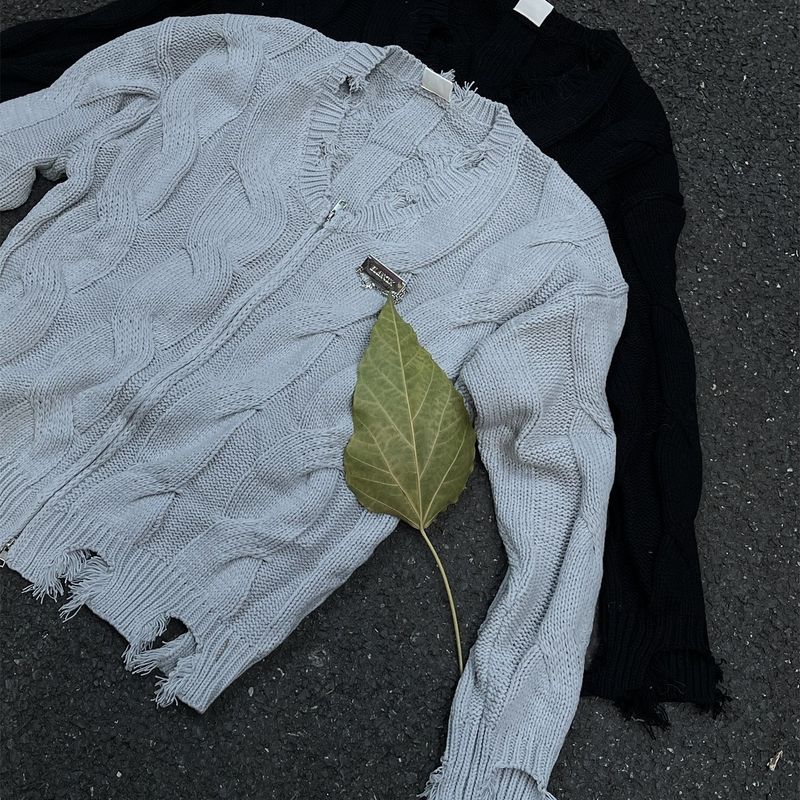 American High Street Frayed Distressed Metallic Color-Block V-Neck Cardigan Sweater Unisex Knitted Jacket Couple Ins_voghion.com