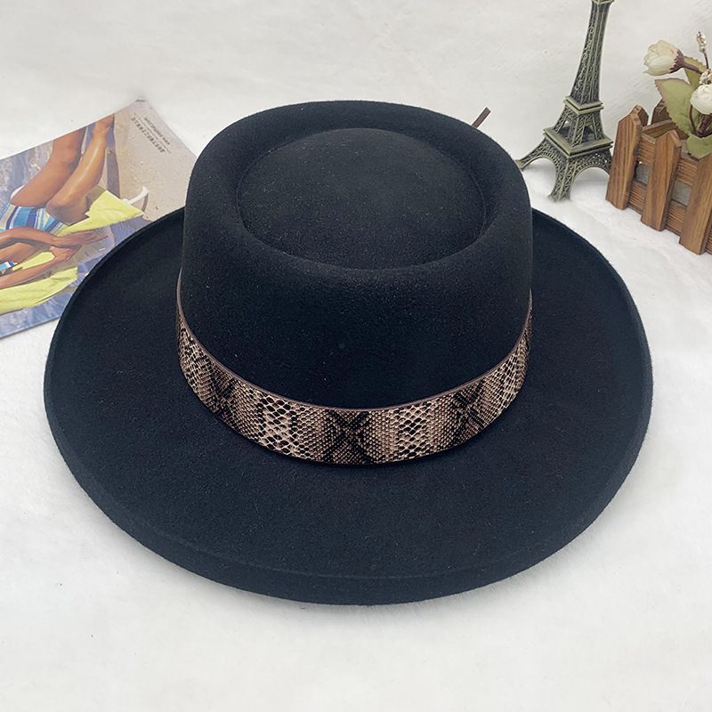 chapeau haut de forme à large nœud en feutre de laine simple vintage Chapeau de jazz noir_voghion.com