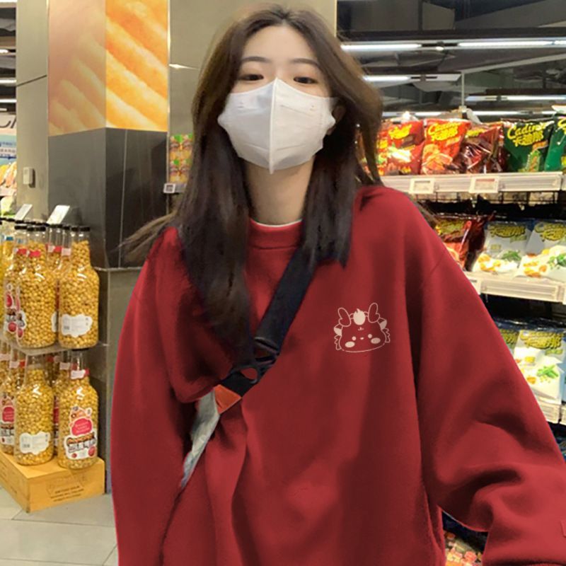 Red round neck hoodie women's spring jacket 2024 new loose plus velvet autumn and winter top 12_voghion.com