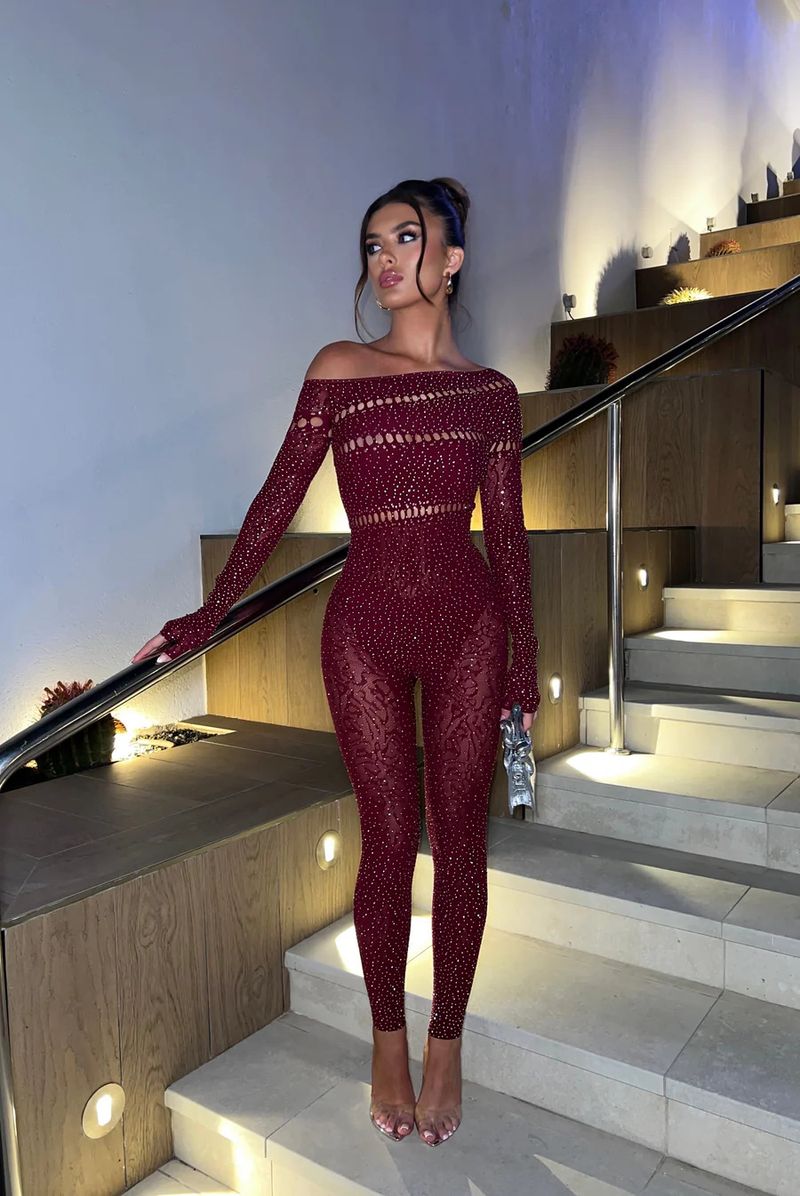 Sensual Long-Sleeve Bodysuit With Hand-Set Crystals – Sheer Mesh Lingerie For Seductive Glamour_voghion.com