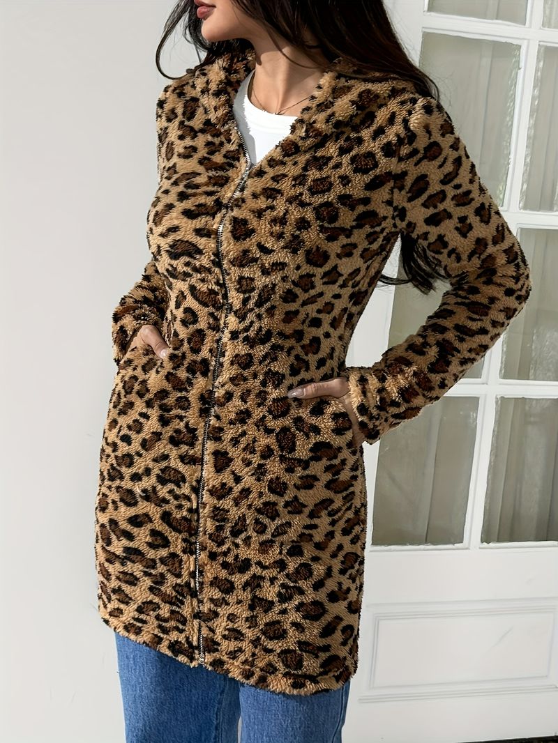 Giacca in flanella con stampa leopardata da donna 2025 con cappuccio e cerniera - Capispalla caldo, morbido ed elastico per tutte le stagioni, lavabile in lavatrice_voghion.com