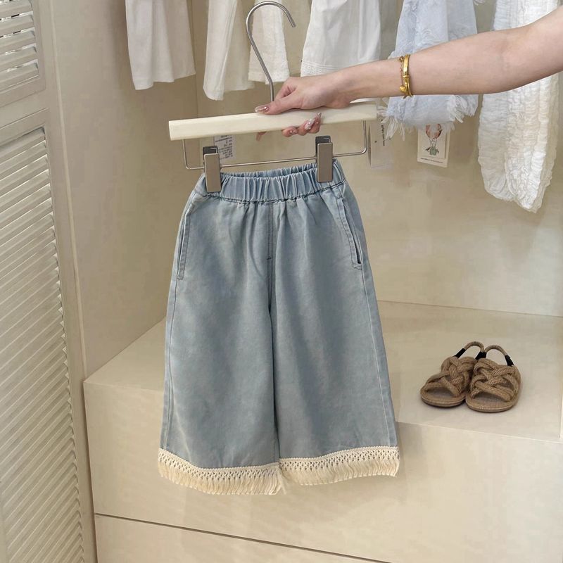 Ropa para niños Traje de diseño retro para niñas Chaleco corto con borlas de crochet de verano Top de jeans de pierna ancha Traje de dos piezas de moda_voghion.com