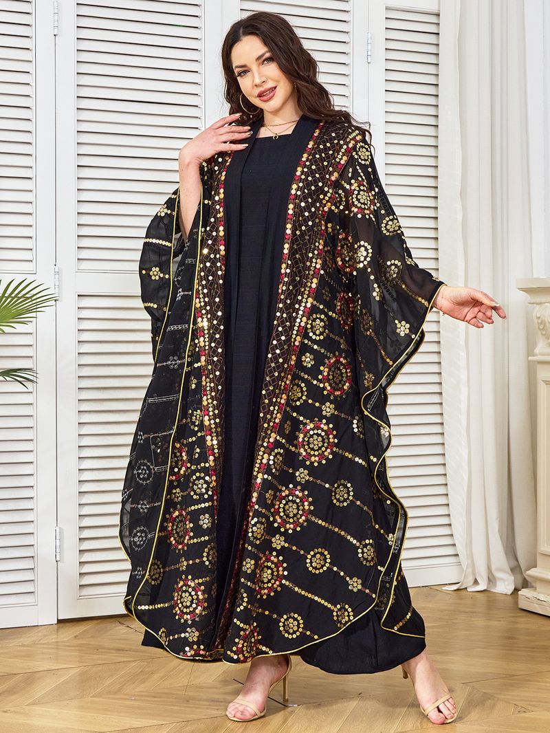Elegantes, verziertes muslimisches Abaya-Kleid für Ramadan und Abendpartys – Hochwertiges Langarm-Maxikleid aus Polyester mit Glitzerdetails (Schwarz, S-XXL)_voghion.com