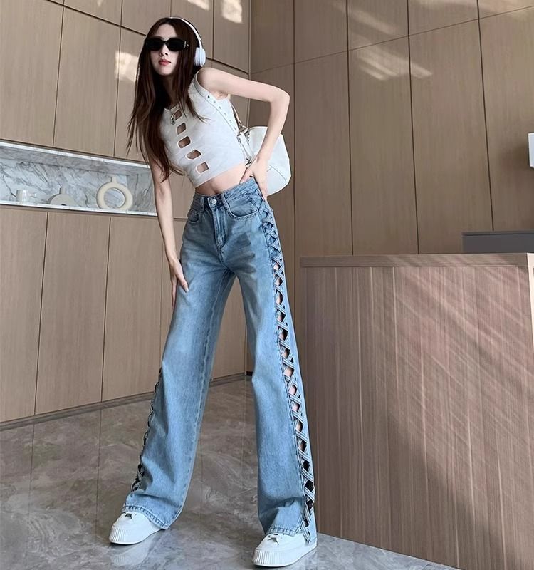 Abbigliamento da donna, design primaverile ed estivo, pantaloni sottili e versatili a vita alta lunghi fino al pavimento_voghion.com