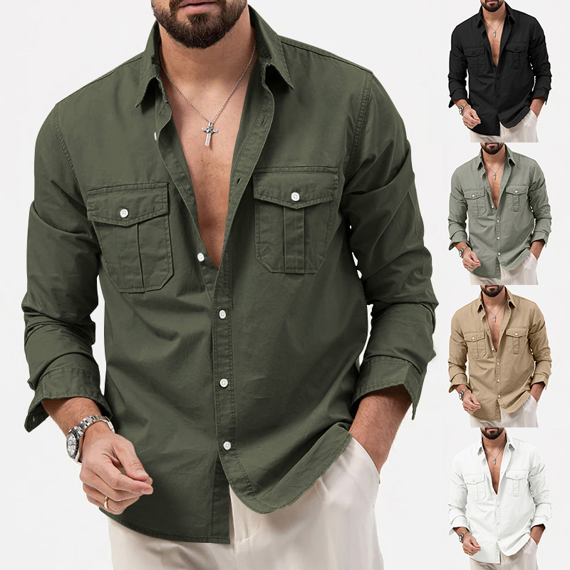 2024 Nova Estação Independente Transfronteiriça Camisa Masculina Multi-bolso Casual Manga Longa Camisa Masculina_voghion.com