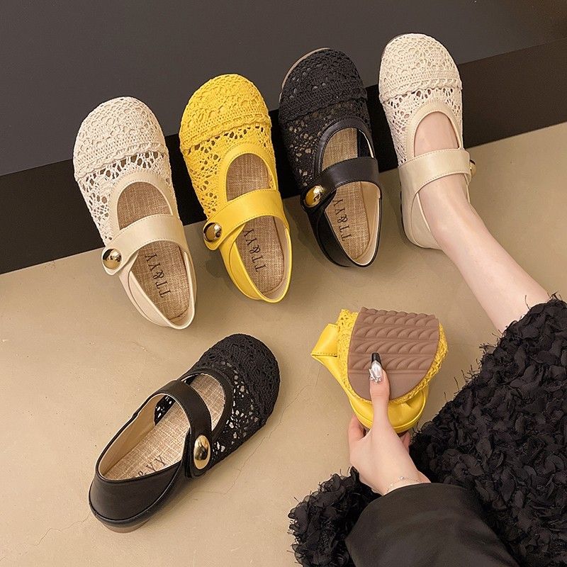 Thick-soled Inner Height-increasing Single Shoes Women's Woven One-pedal Velcro Mary Jane Shoes With Skirts Casual Shoes_voghion.com