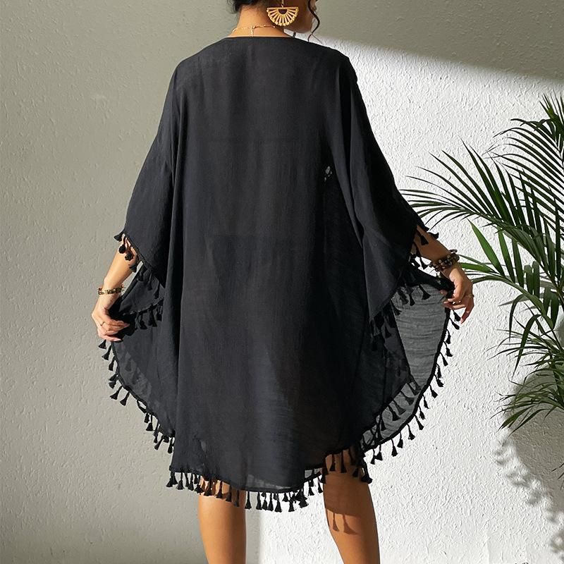 Crochet-Trimmed Polyester Beach Cover-Up – Flowy & Sexy Bikini Wrap For Vacation & Swim (One Size) – Lightweight & Stylish_voghion.com