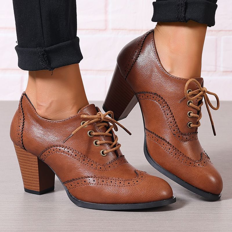 Shliang Britische Frauen Stiefeletten Oxfords High Block Heels Pumps Braunes Leder Runde Zehen Kleid Büro Damen Schnürschuhe Vintage Schuhe Y0125_voghion.com