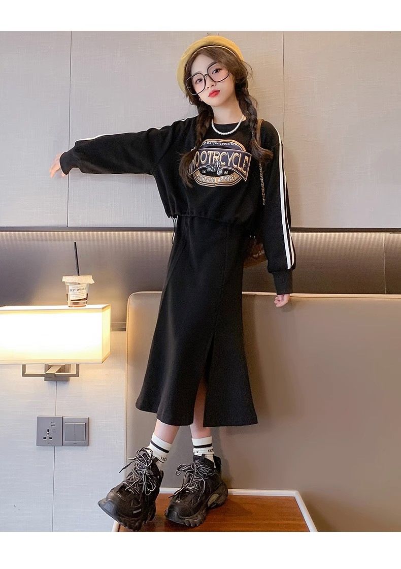 Mädchen Frühling und Herbst neuer langärmeliger Pullover, mittellanger Rock zweiteilig 2023, trendige Damenmode, dünner Stil_voghion.com