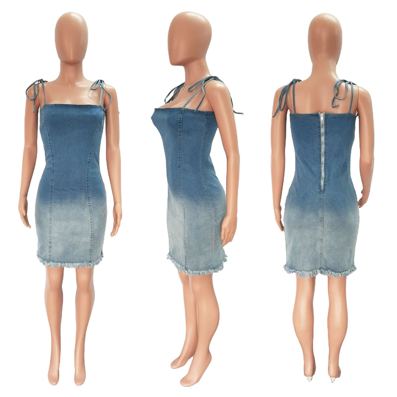 Abito in denim sottile, medio lungo, alla moda, da donna, con borsa allacciata alla caviglia, con bordo grezzo_voghion.com