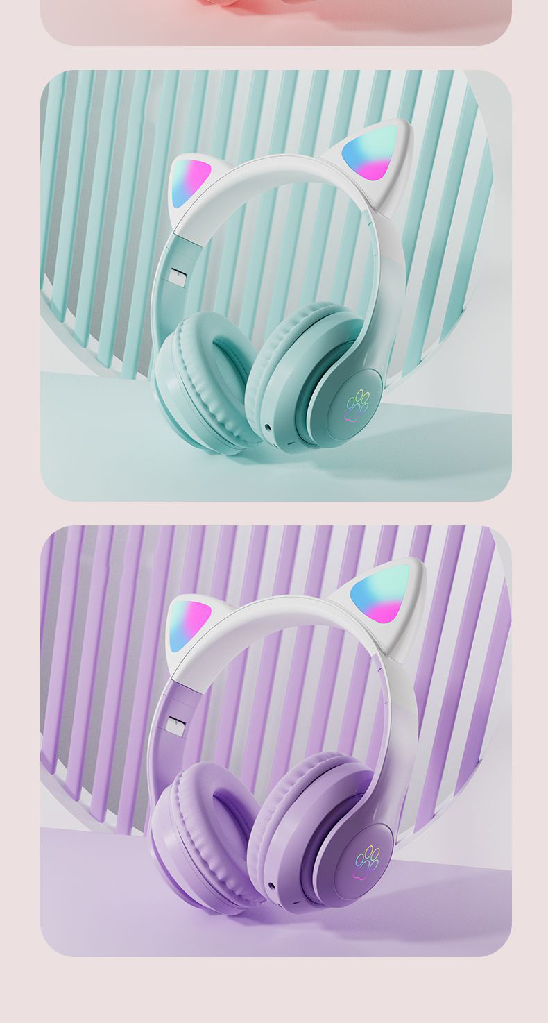 Nuevos auriculares Bluetooth Cat inalámbricos con luz LED de Color degradado con micrófono para niños y niñas, auriculares estéreo para música, regalo para jugadores_voghion.com