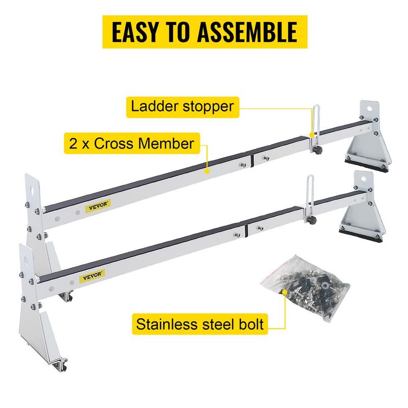 VEVOR Van Roof Ladder Rack, 2 Bars, 331 LBS Capacity, 52"-63.8" Adjustable Steel Roof Rack Cross Bar With Ladder Stoppers, Fit With Rain Gutters, For Kayak Canoe Lumber Pipe Cargo,, White_voghion.com